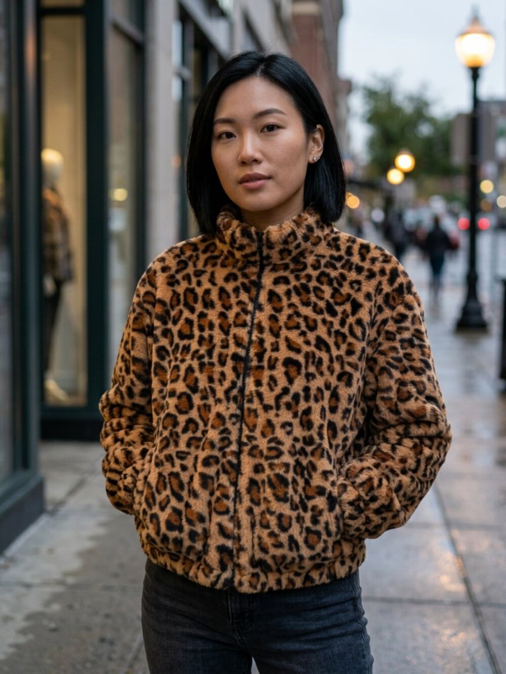Leopard Print Faux Fur Jacket - Brown